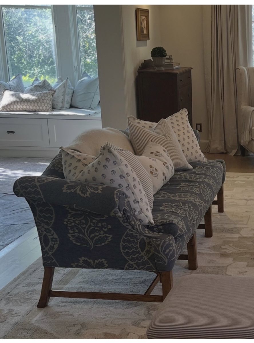 Vintage Blue Floral Upholstered Sofa with Wooden Frame