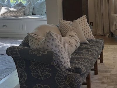 Vintage Blue Floral Upholstered Sofa with Wooden Frame