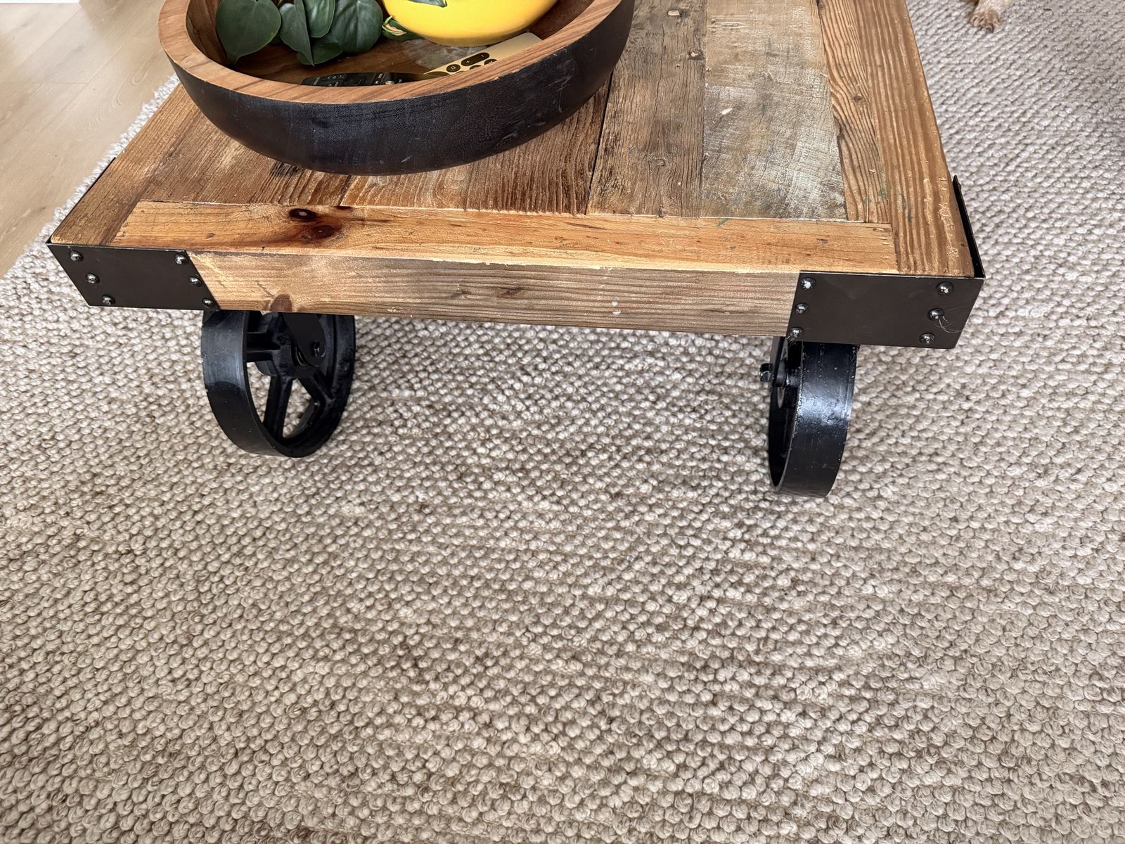 Industrial Style Reclaimed Wood Coffee Table on Cast Iron Wheels - Unique Rustic Design
