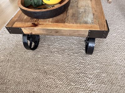 Industrial Style Reclaimed Wood Coffee Table on Cast Iron Wheels - Unique Rustic Design