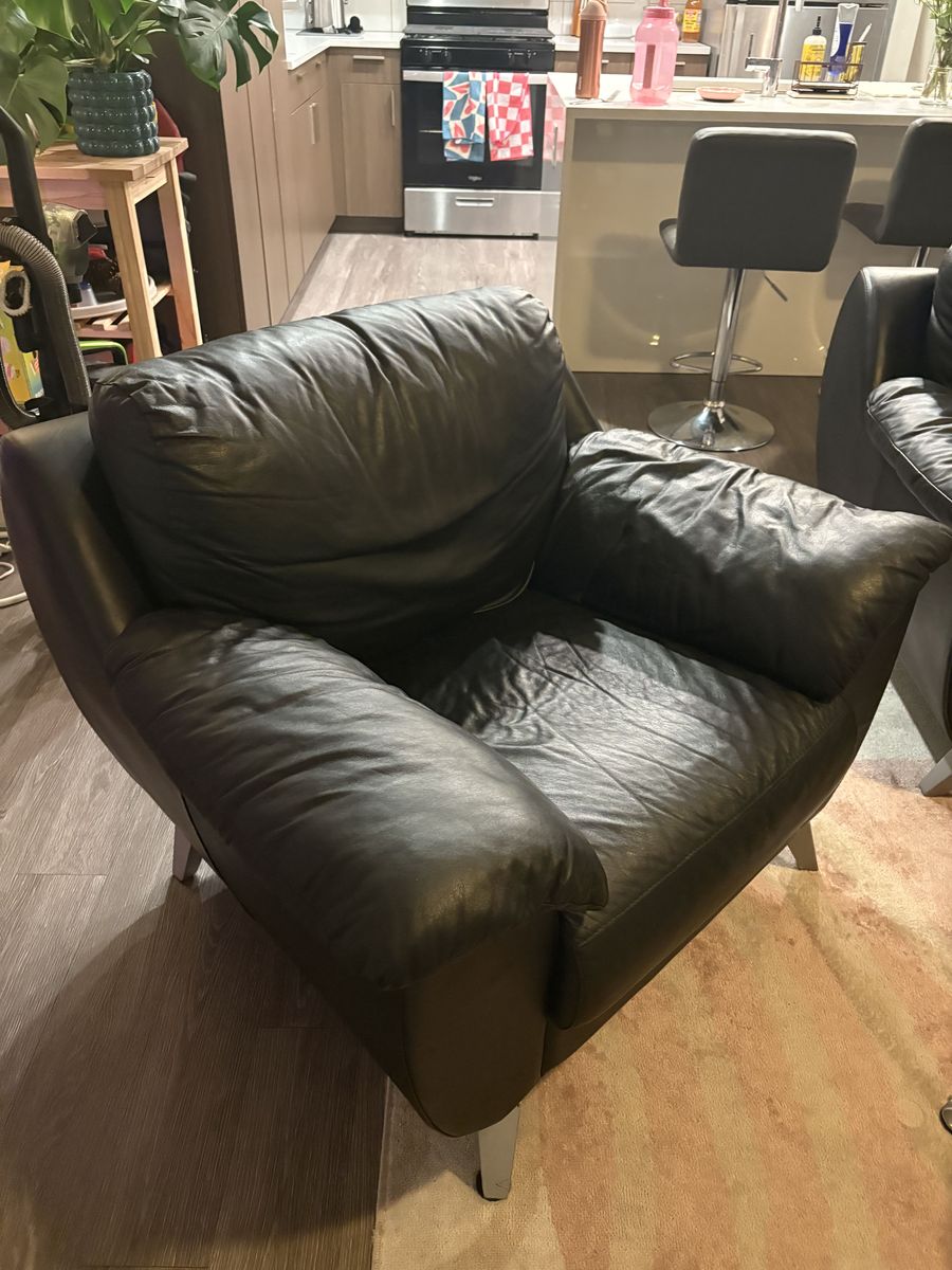 Black Leather Couch + Matching Armchair + Ottoman