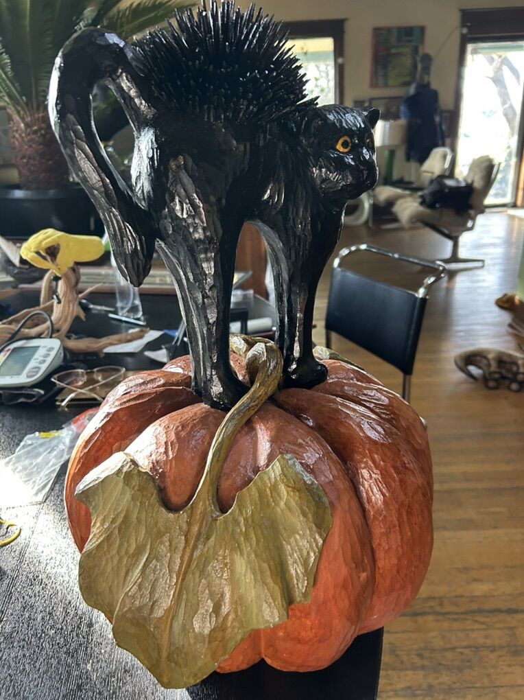 Large Wood Craved Pumpkin with Black Cat signed by artist John. C. Sharp