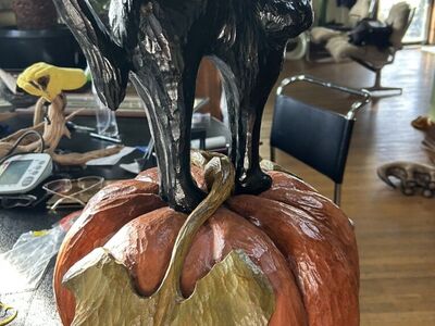 Large Wood Craved Pumpkin with Black Cat signed by artist John. C. Sharp