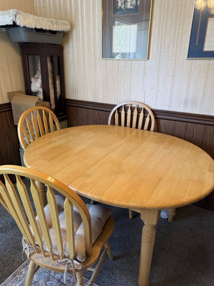 Oval Light Oak Wooden Dining Table with 3 Matching Spindle Back Chairs