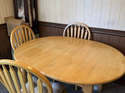 Oval Light Oak Wooden Dining Table with 3 Matching Spindle Back Chairs