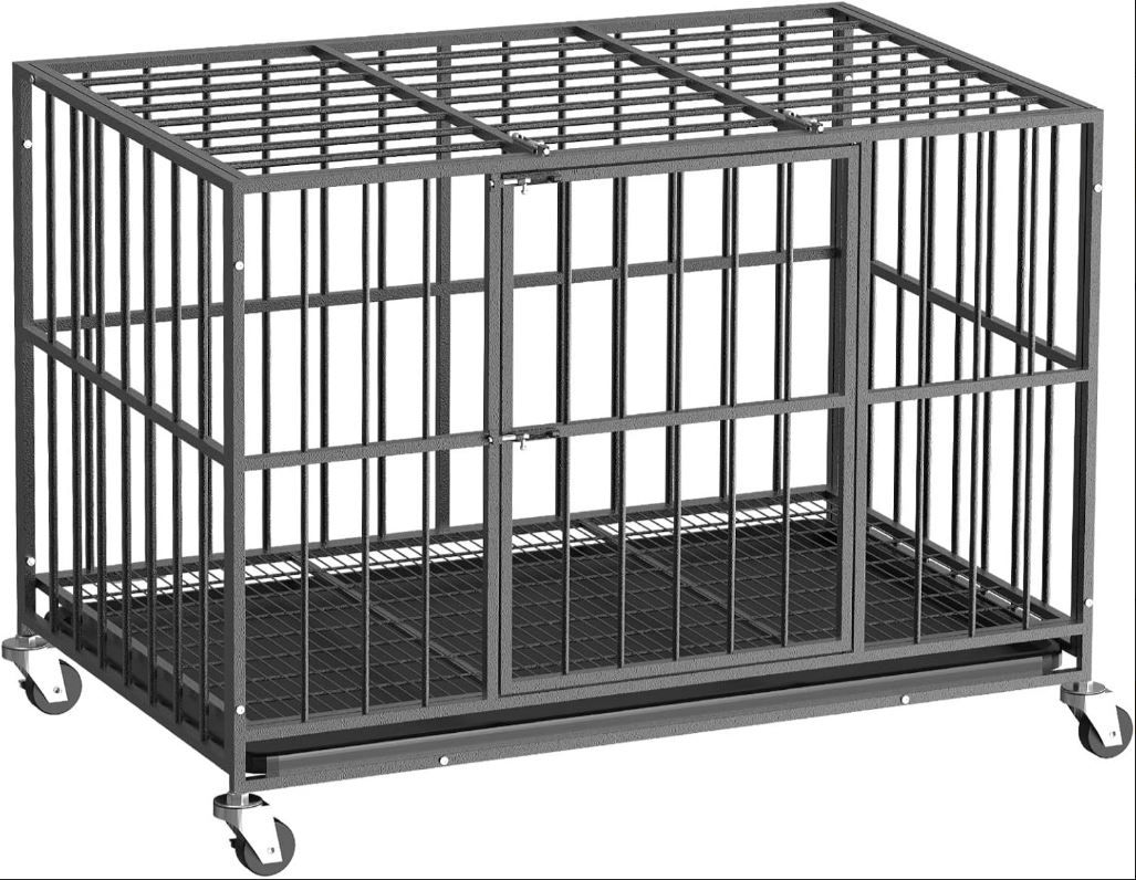 NEW! Heavy Duty Indestructible Large Dog Crate/Kennel 48” w/Removable Tray & Lockable Wheels, Gray