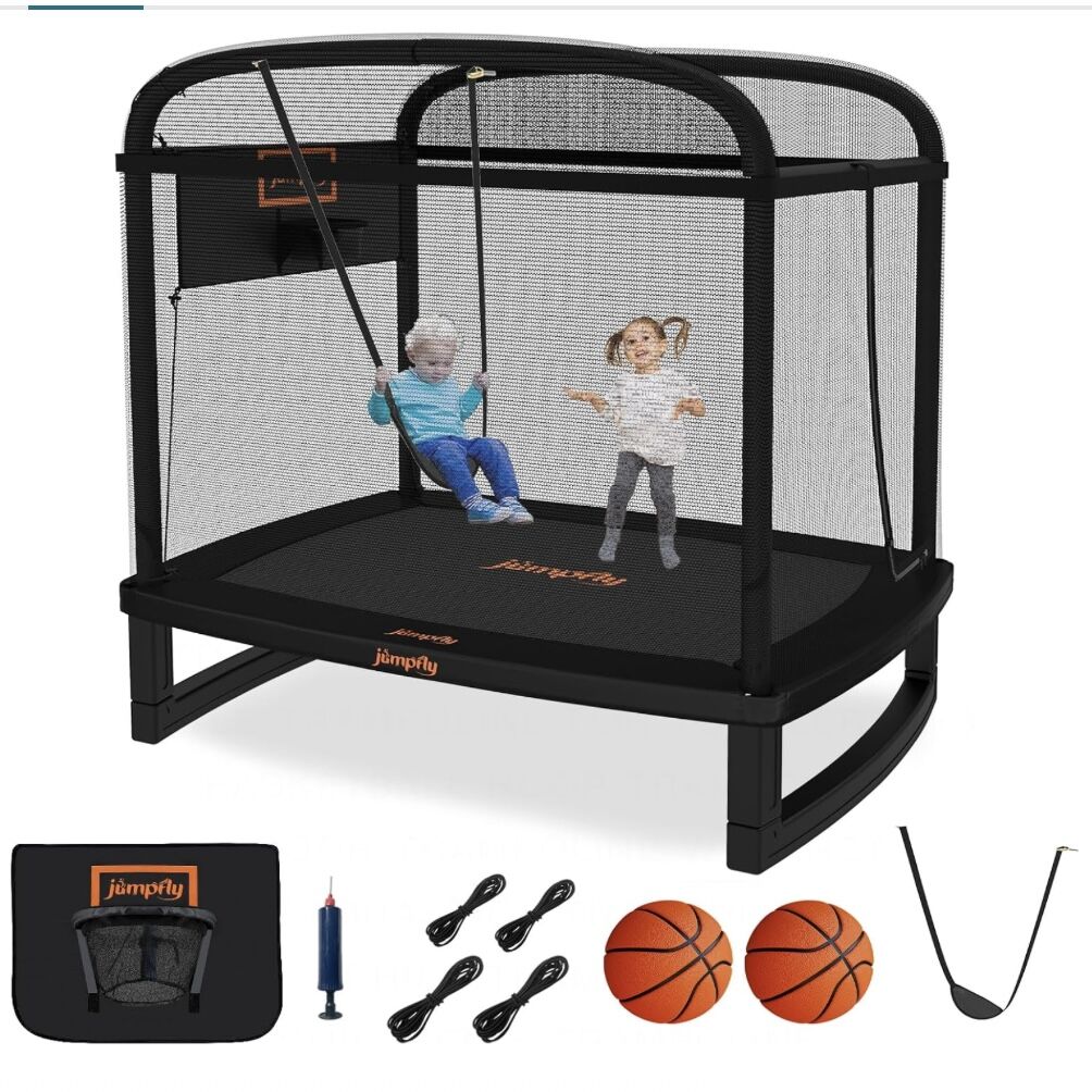 6FT Rectangle Trampoline for Kids, Toddler Trampoline with Swing & Basketball Hoop, Indoor & Outdoor Mini with Enclosure