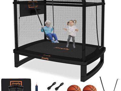 6FT Rectangle Trampoline for Kids, Toddler Trampoline with Swing & Basketball Hoop, Indoor & Outdoor Mini with Enclosure