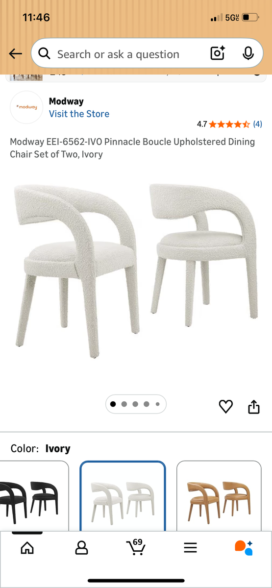 Modway Pinnacle Boucle Upholstered Dining Chair Set of Two, Ivory (4 available)