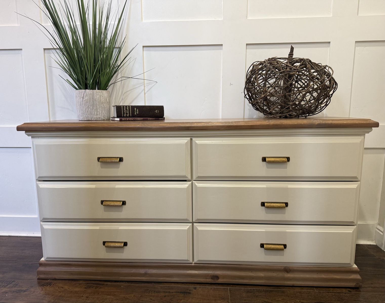 Large cream dresser with wood accents