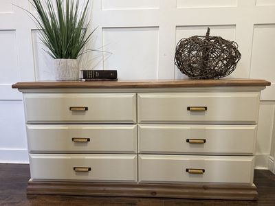 Large cream dresser with wood accents
