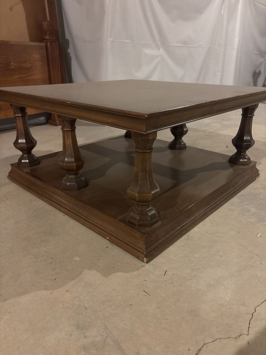 Square Dark Wood Coffee Table with Turned Legs and Lower Shelf - Classic Design
