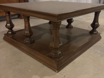Square Dark Wood Coffee Table with Turned Legs and Lower Shelf - Classic Design