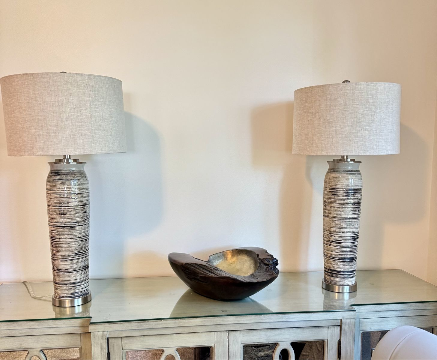 Pair of Tall Ceramic Table Lamps - White & Black Striped with Linen Shades, Modern Coastal Style