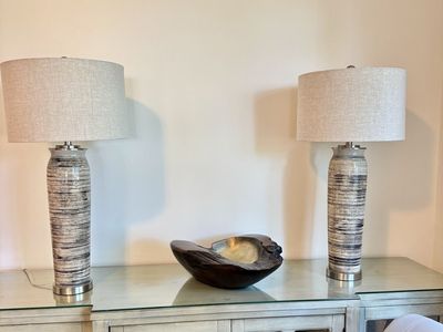 Pair of Tall Ceramic Table Lamps - White & Black Striped with Linen Shades, Modern Coastal Style