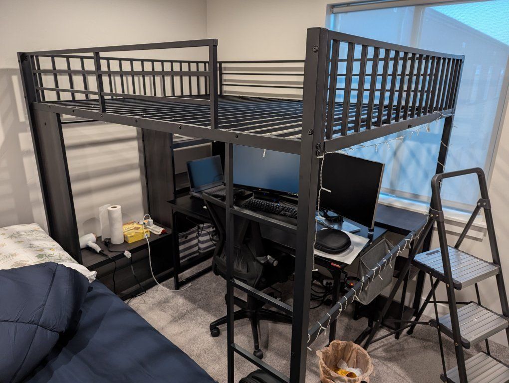 Black Metal Loft Bed Frame with Built-in Desk and Storage - Queen