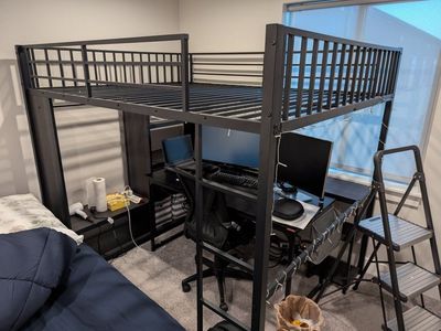 Black Metal Loft Bed Frame with Built-in Desk and Storage - Queen