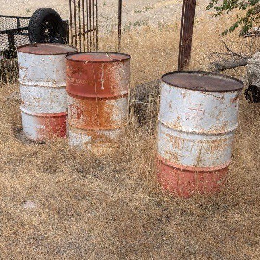Free Metal Barrels full of Wheat (Set of 3) - Rusty Red & White Industrial Drums