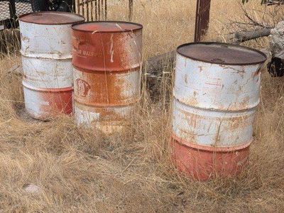 Free Metal Barrels full of Wheat (Set of 3) - Rusty Red & White Industrial Drums