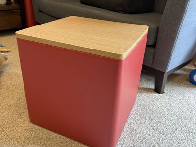 4 Red Leather/Wood Play Blocks/Ottomans/Stools