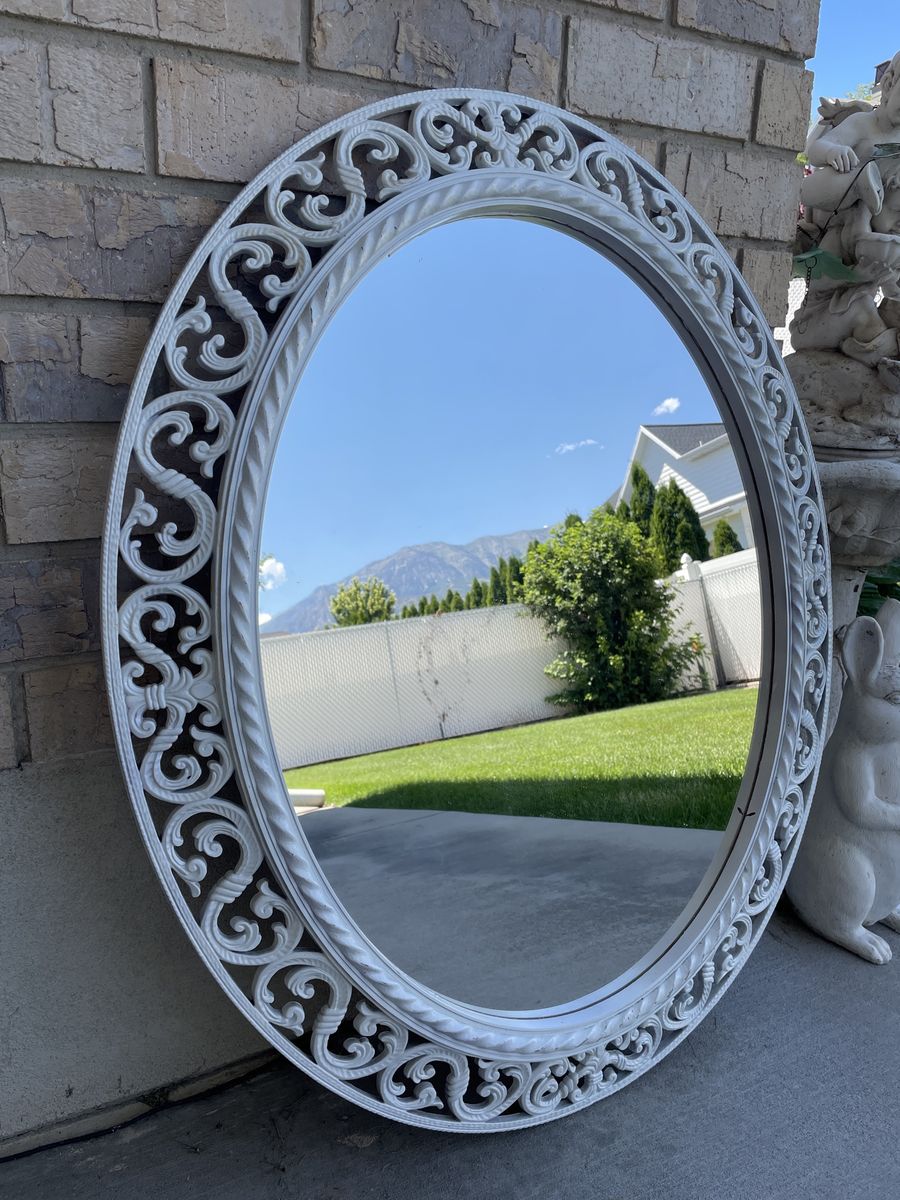 Vintage White Oval Mirror Ornate Carved Scroll Design Wall Decor Decorative