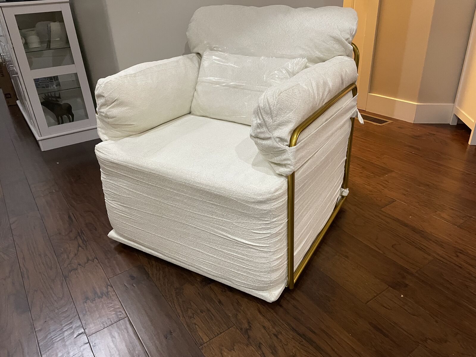 New 360 Degree Square Swivel Accent Sofa Chair with Gold Metal Legs - Beige