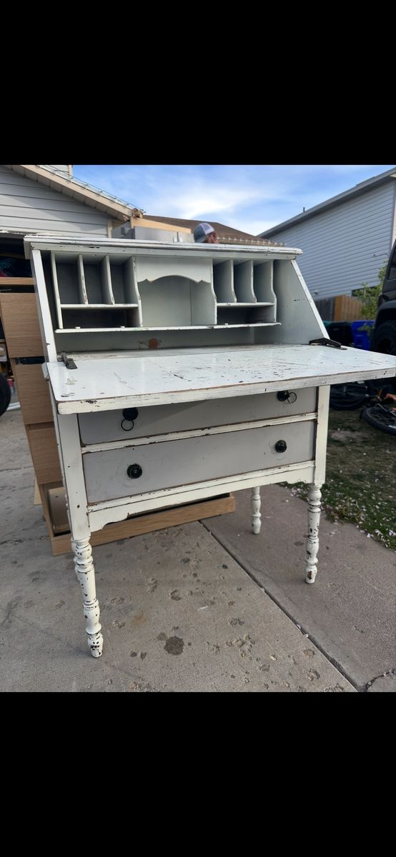 Vintage White & Grey Drop-Front Desk with Organizer Drawers - Shabby Chic Style