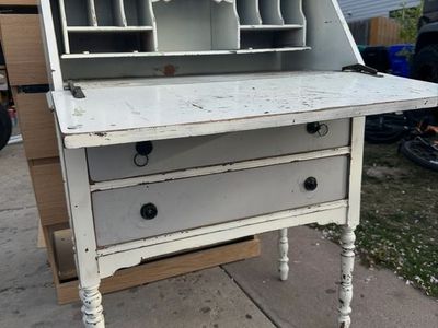 Vintage White & Grey Drop-Front Desk with Organizer Drawers - Shabby Chic Style