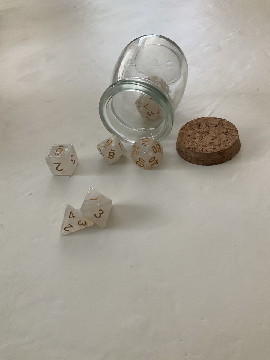 Glittery White & Gold D&D Dice Set in Corked Glass Bottle - Complete 7-Piece Polyhedral Set