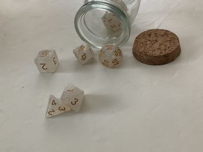 Glittery White & Gold D&D Dice Set in Corked Glass Bottle - Complete 7-Piece Polyhedral Set