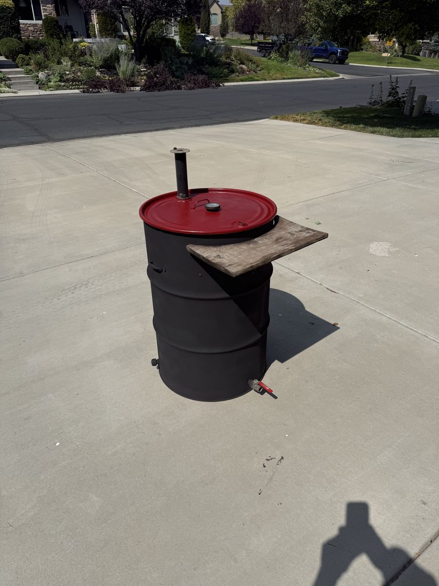 Custom Ugly Drum Smoker (UDS) BBQ Grill with Wooden Prep Shelf & Temperature Gauge