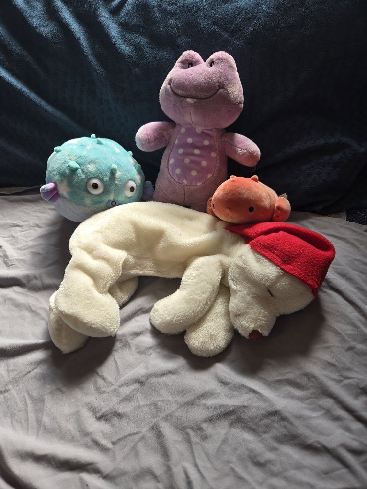 Assorted Plush Toys: Purple Frog, Pufferfish, White Bear, and Orange Fish - Gently Used Condition