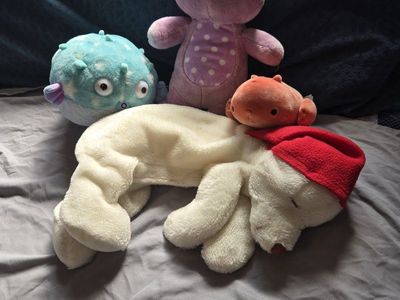 Assorted Plush Toys: Purple Frog, Pufferfish, White Bear, and Orange Fish - Gently Used Condition