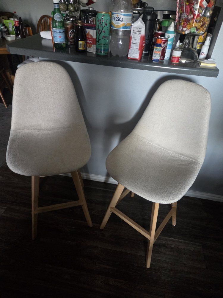 Pair of Modern Upholstered Bar Stools with Light Wood Legs - 26" Seat Height