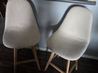 Pair of Modern Upholstered Bar Stools with Light Wood Legs - 26" Seat Height