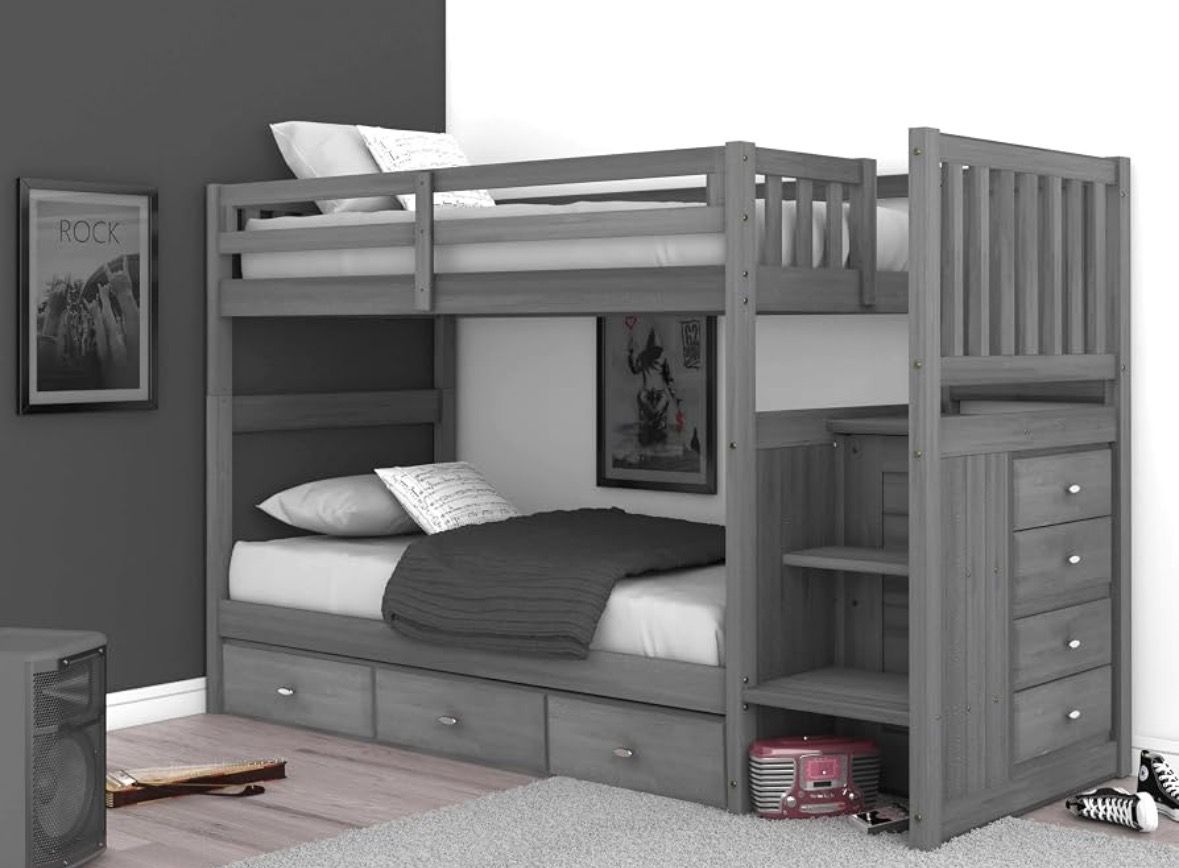 Wooden Twin Over Twin Bunk Bed with Dresser