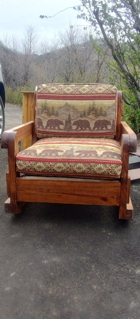 Rustic Wood Armchair with Bear & Mountain Scene Cushions - Cabin Lodge Style