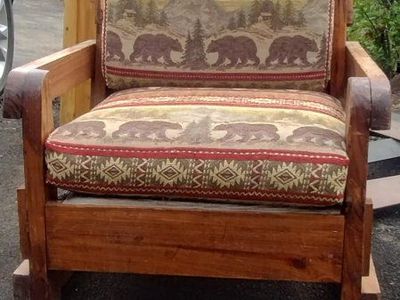 Rustic Wood Armchair with Bear & Mountain Scene Cushions - Cabin Lodge Style