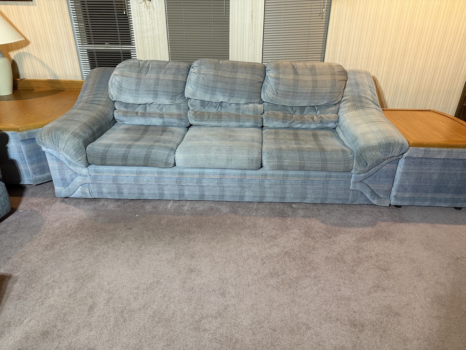 Light Blue Plaid Fabric Sofa and Loveseat Set with Recliners and Console