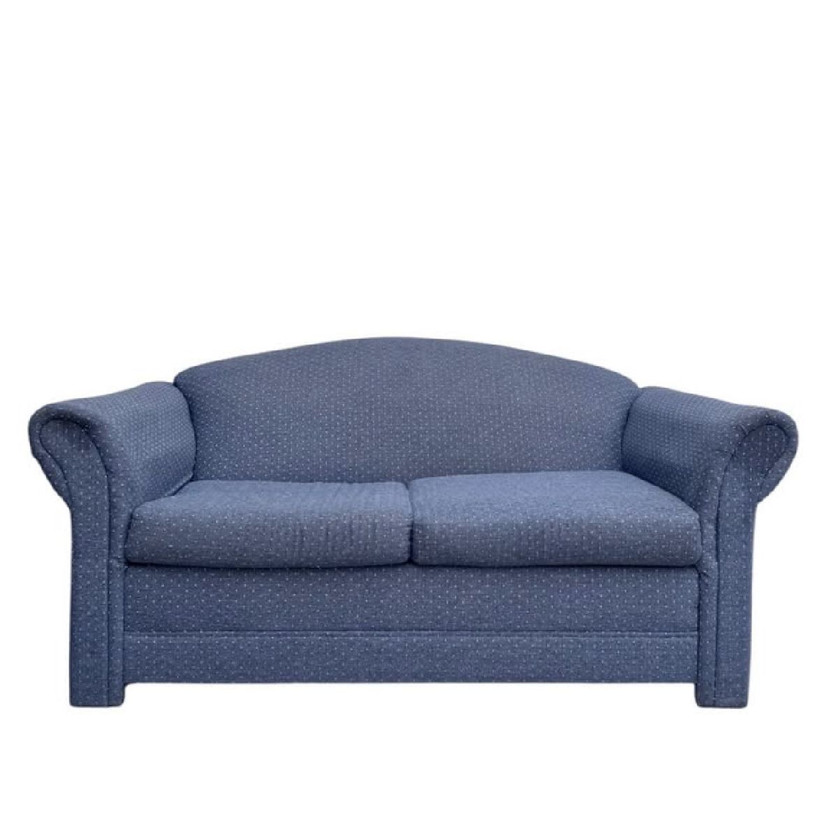 Blue Fabric Loveseat Sofa with Rolled Arms and Patterned Upholstery