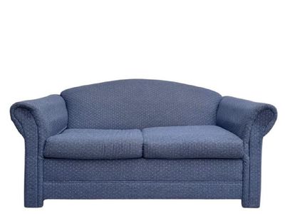 Blue Fabric Loveseat Sofa with Rolled Arms and Patterned Upholstery