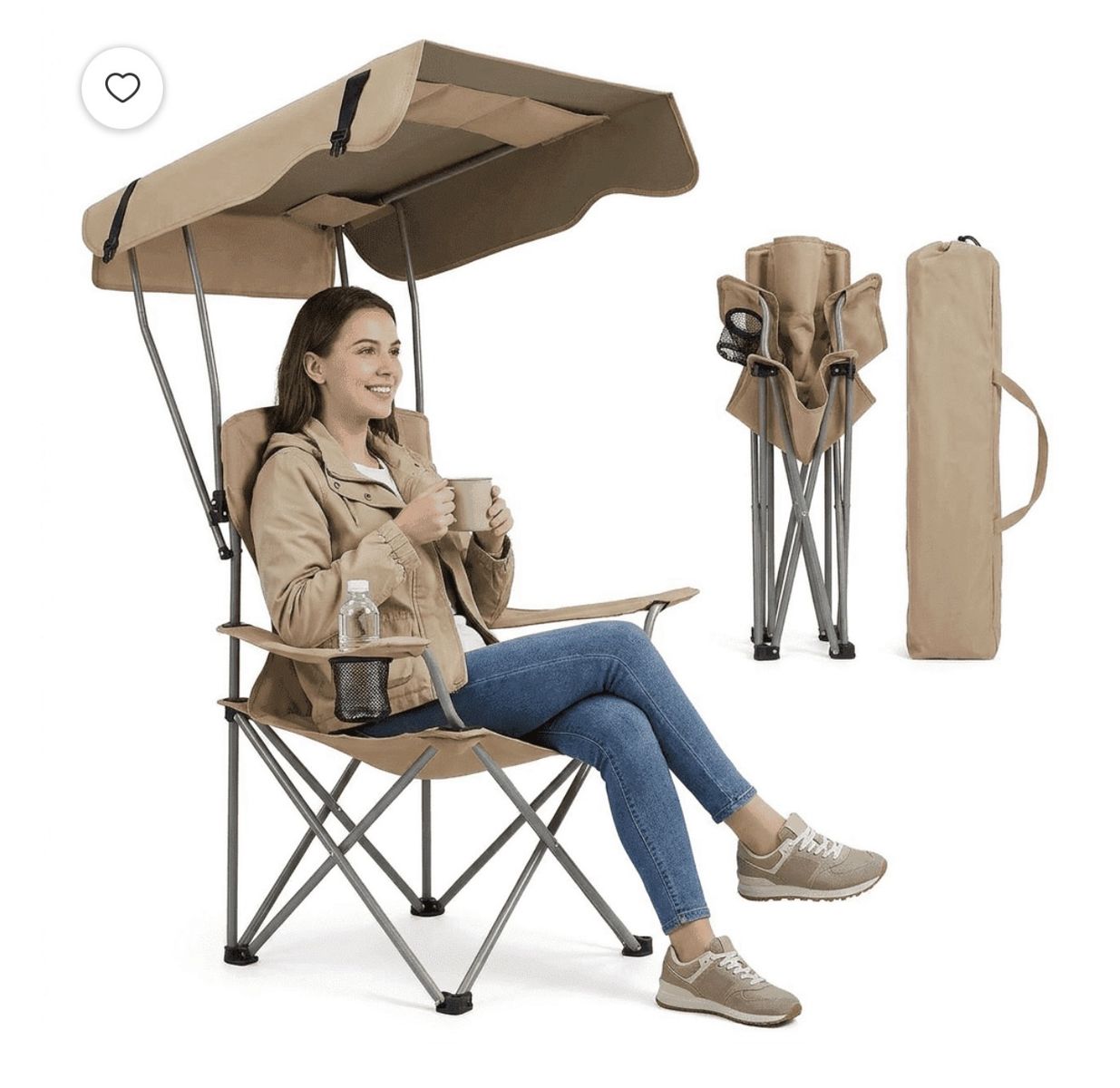 AoRan Portable Folding Camping Chair with Canopy Shade and Cup Holder, Tan