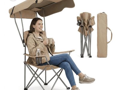 AoRan Portable Folding Camping Chair with Canopy Shade and Cup Holder, Tan