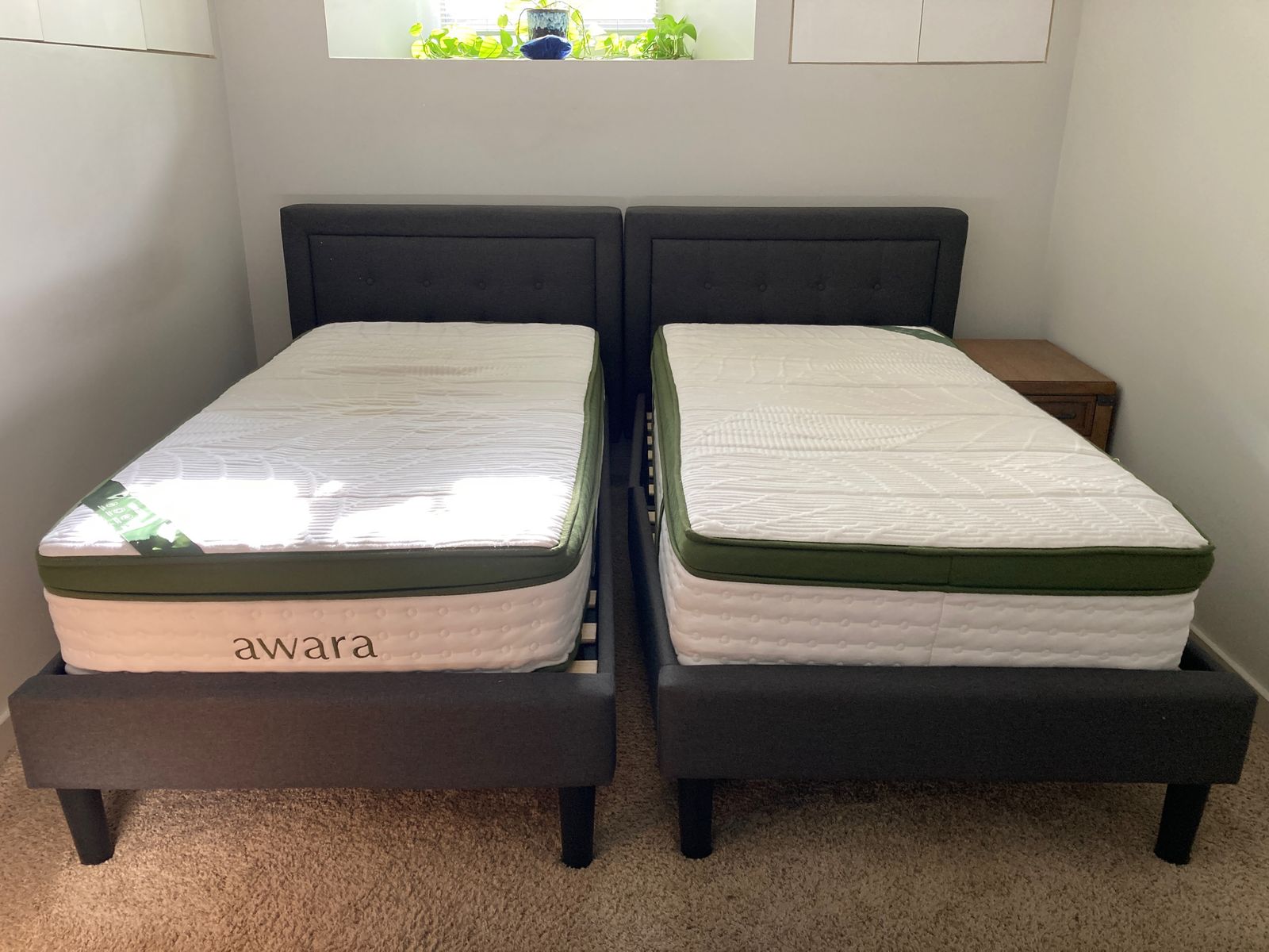 Twin beds with organic Awara mattresses and frames