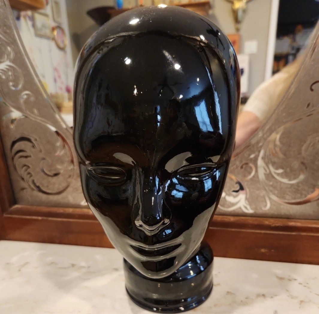 VTG 1970’s Black Glass Mannequin Head Hat Stand Display Art Deco Style 11.5"
