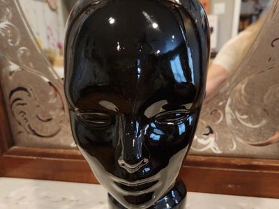 VTG 1970’s Black Glass Mannequin Head Hat Stand Display Art Deco Style 11.5"