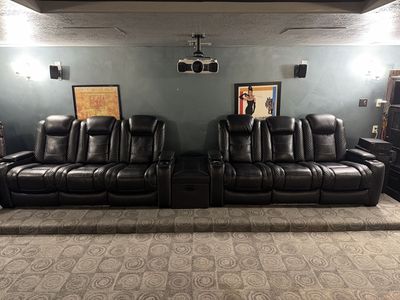 2 Ashley Furniture Black Leather Couches Home Theater Seating Row with LED Lighting and Cup Holders
