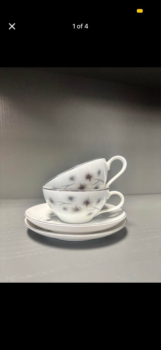 Vintage Creative Fine China “Platinum Star Burst” teacups & saucers ️