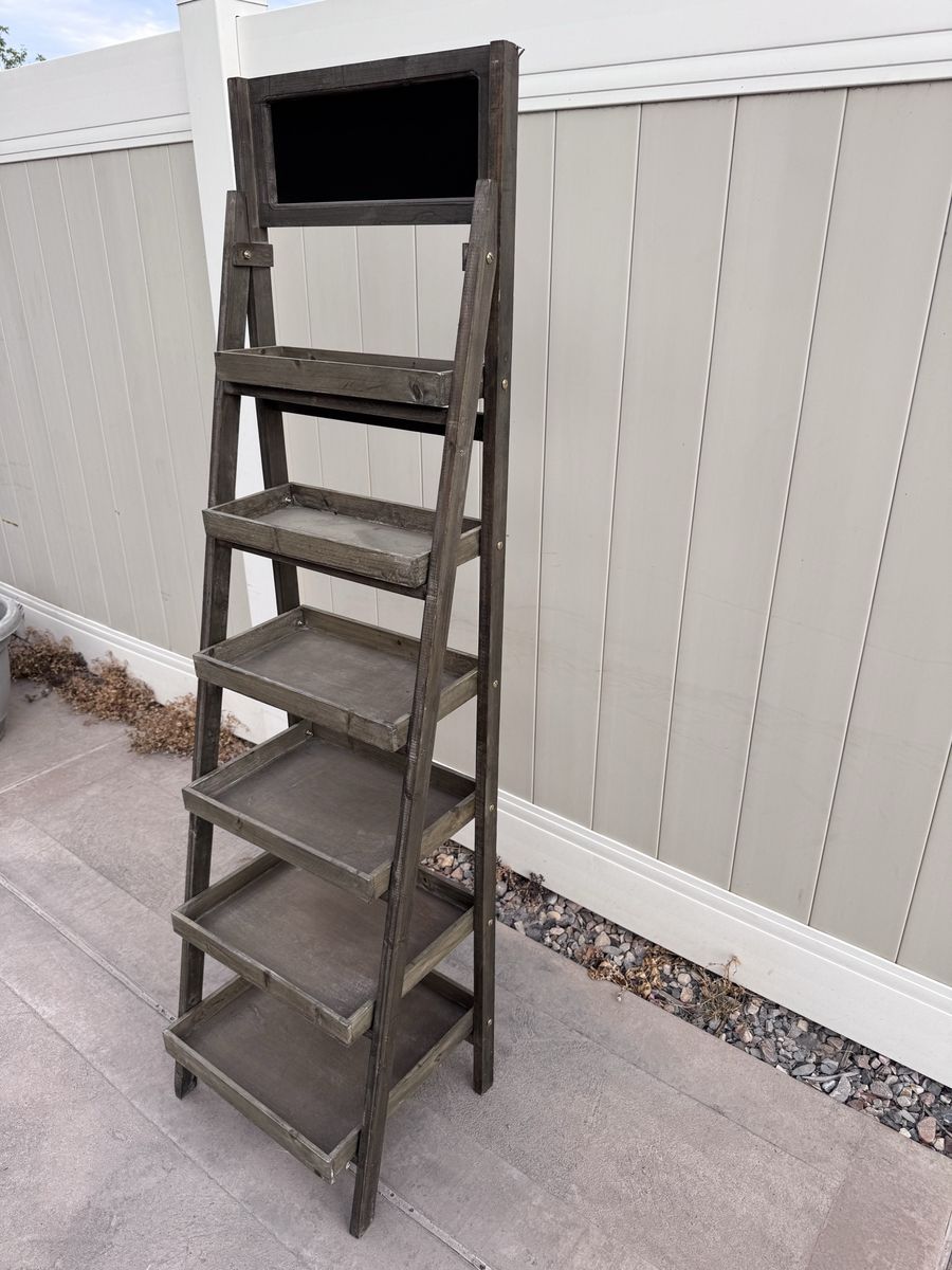 Rustic 6-Tier Wooden A-Frame Ladder Shelf Display Stand with Chalkboard Top
