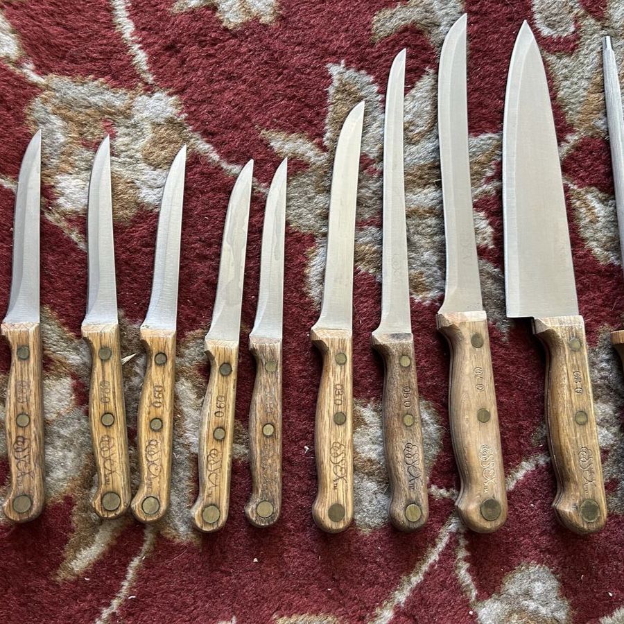 Vintage Old School ESSEX Kitchen Knives Set With Sharpener & Wood Block Holder